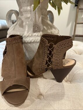 Vince Camuto Brown Suede Lace-Up Peep Toe Cone Heel Sandals